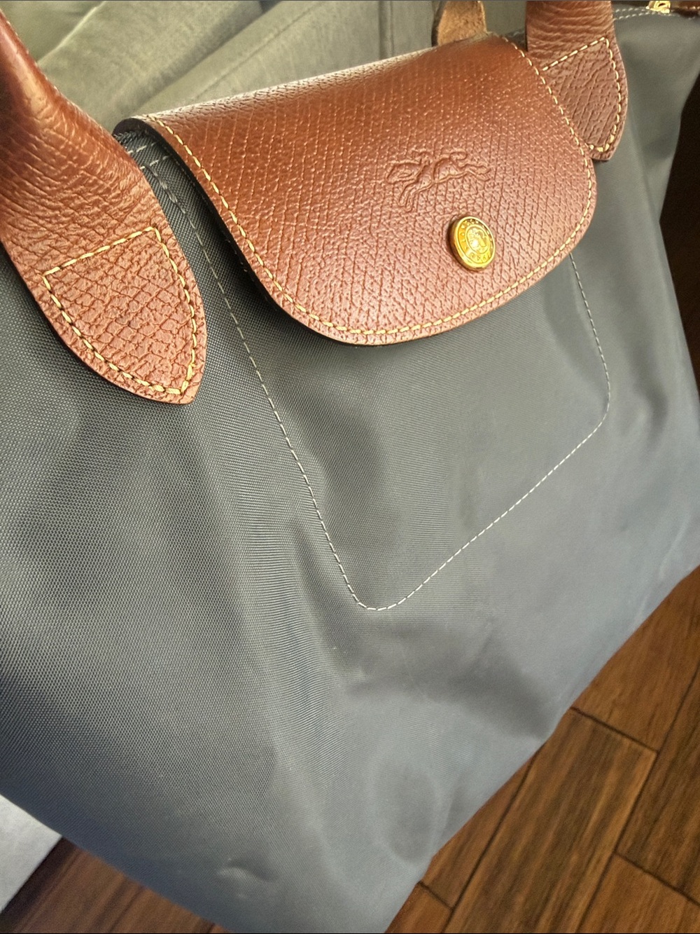 Longchamp Grey/Black Nylon Shoulder Bag with Brown Leather Trim